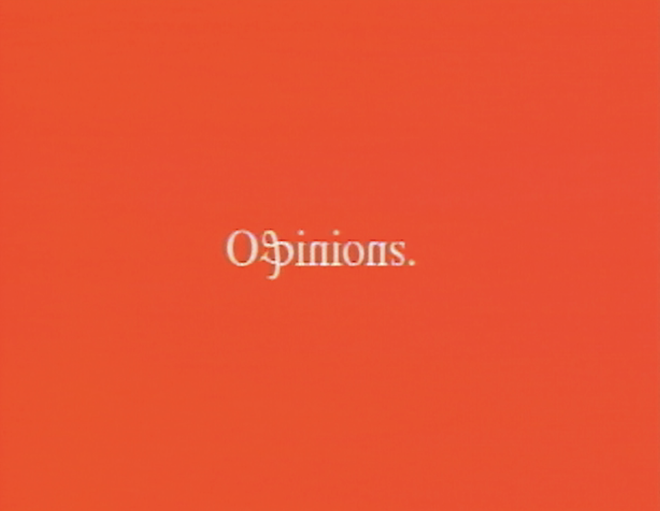 Red background with white text that reads, "Opinions."